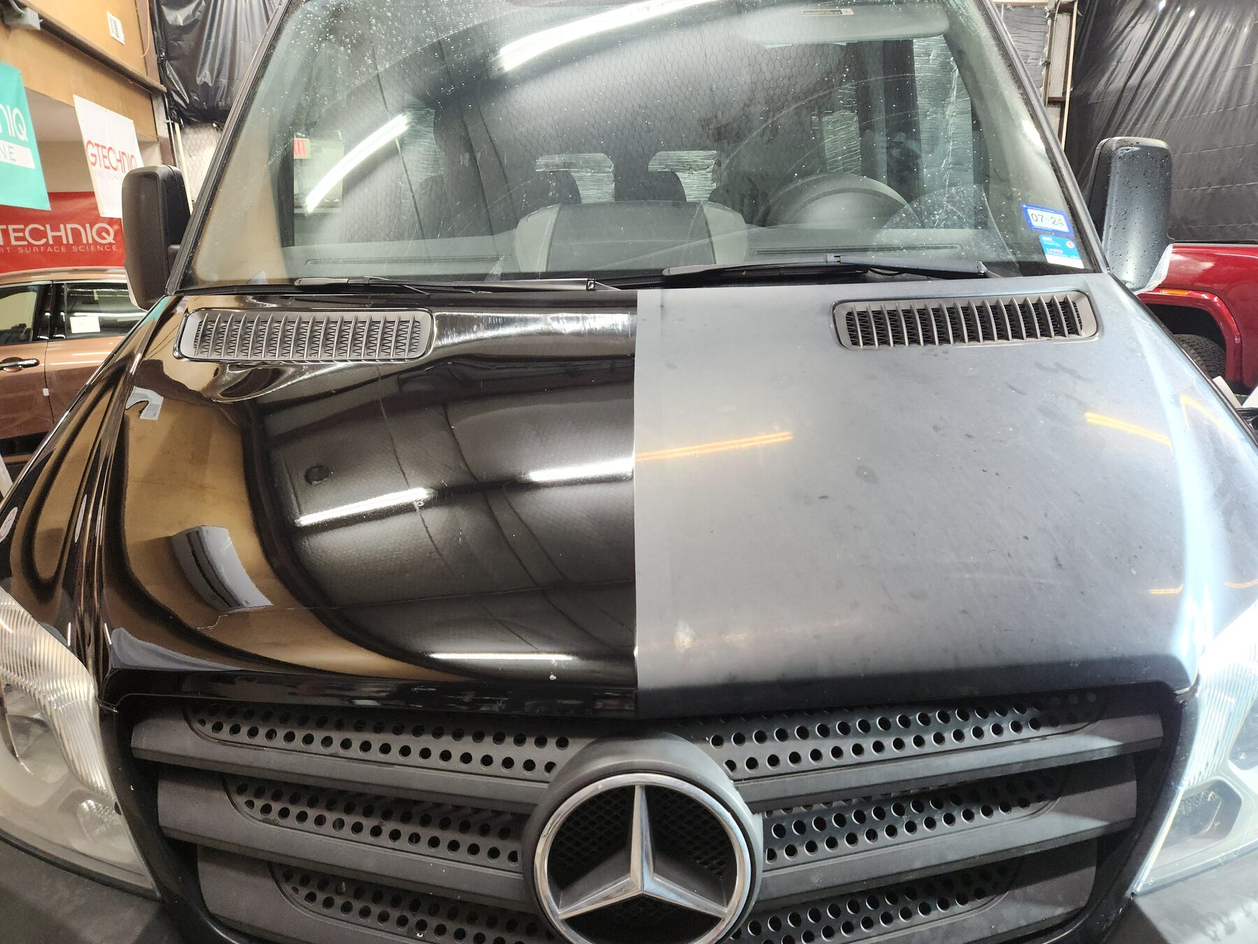 Paint correction before and after on a Mercedes Sprinter